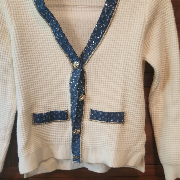 Nanette Lepore Cream Cardigan with Blue Sequin Trim NWOT - Picture 3 of 6